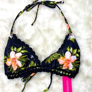 Xhiliration Tropical Crochet Trim Sexy Tie Halter Swim Bikini Top NEW